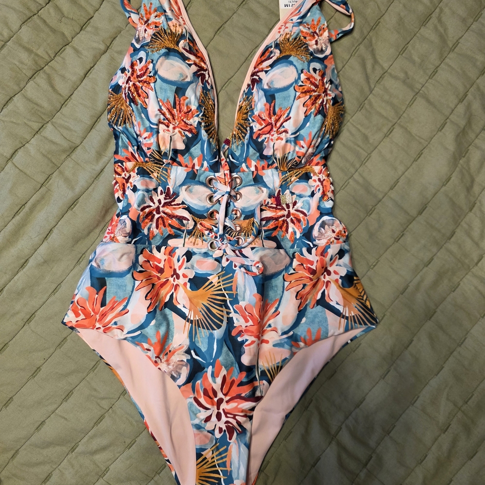 Lace-Up Floral One-Piece Swimsuit in Teal and Coral
